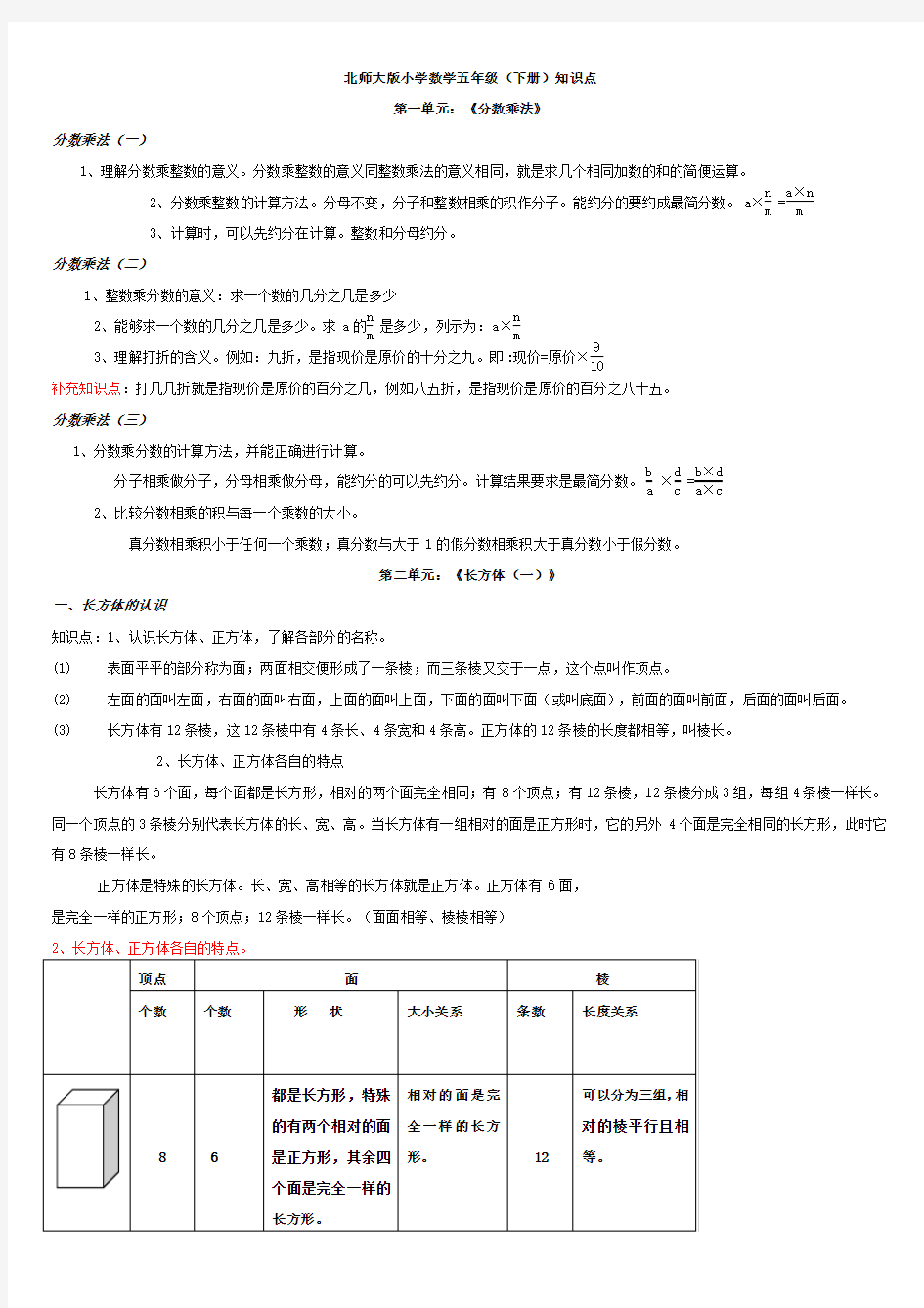 北师大版小学数学五年级下册知识点整理