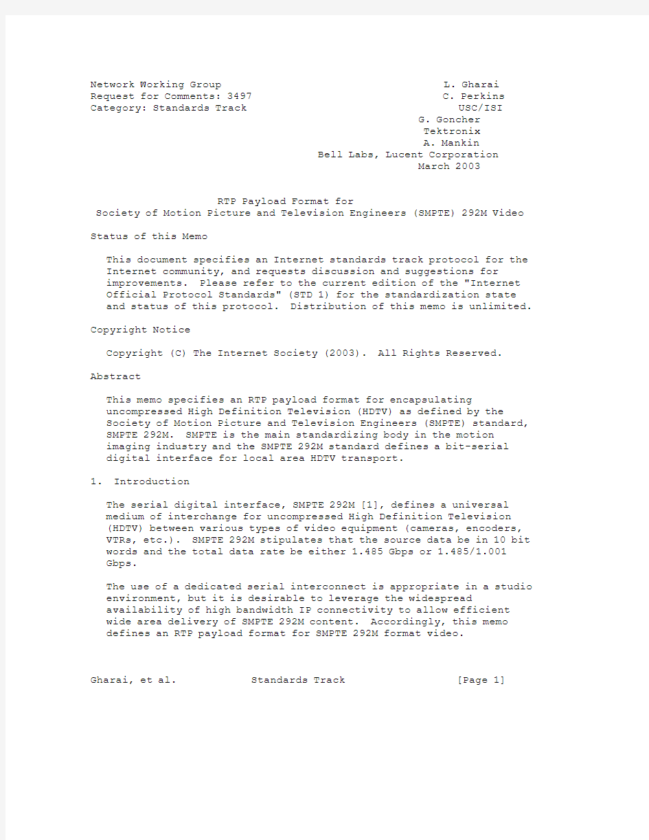 rfc3497.RTP Payload Format for Society of Motion Picture and Television Engineers (SMPTE) 292M Video