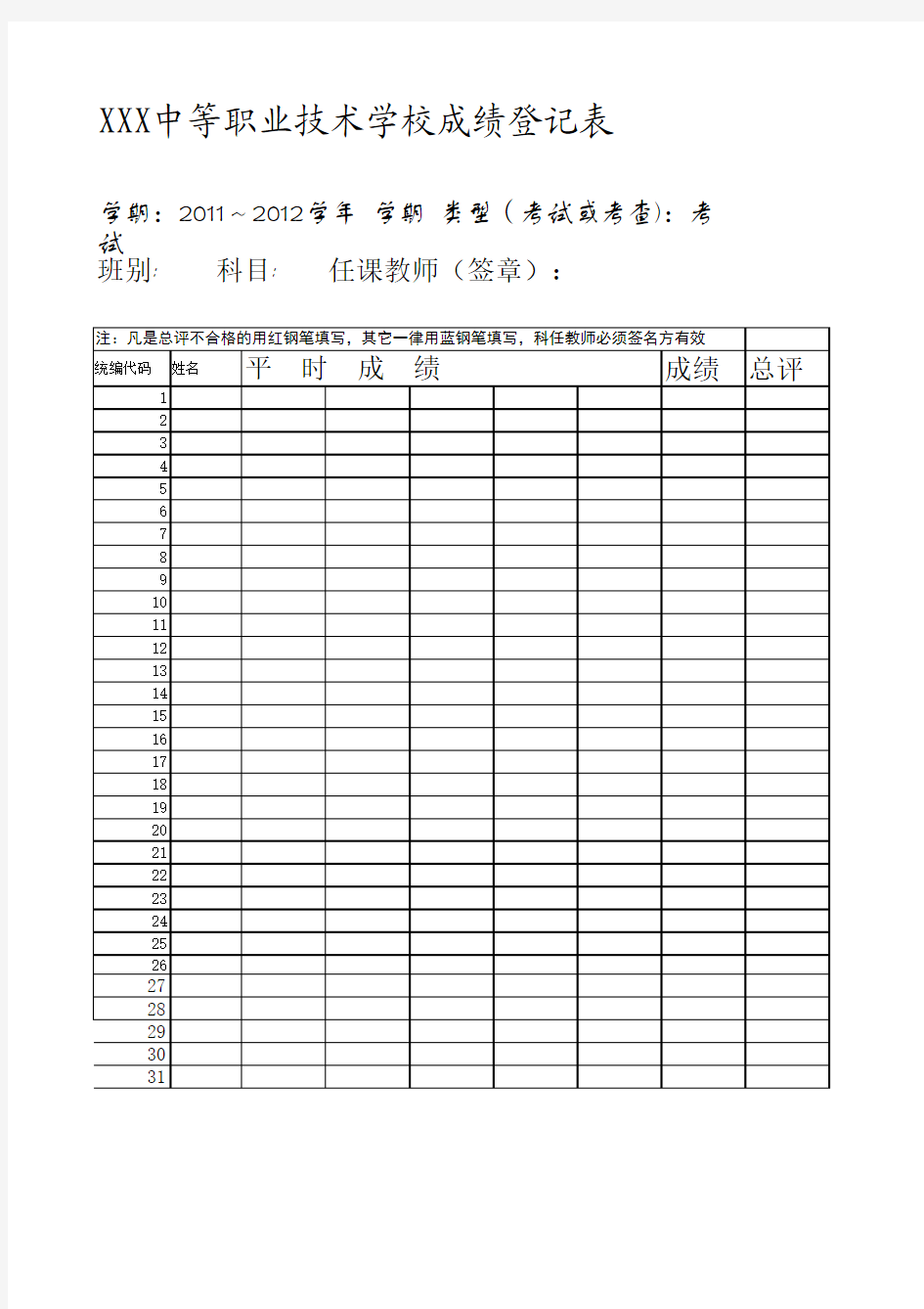 成绩表登记表