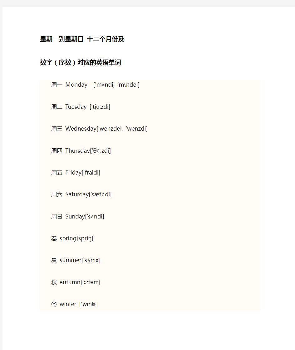 星期一到星期日、月份及数字相对应的英语单词