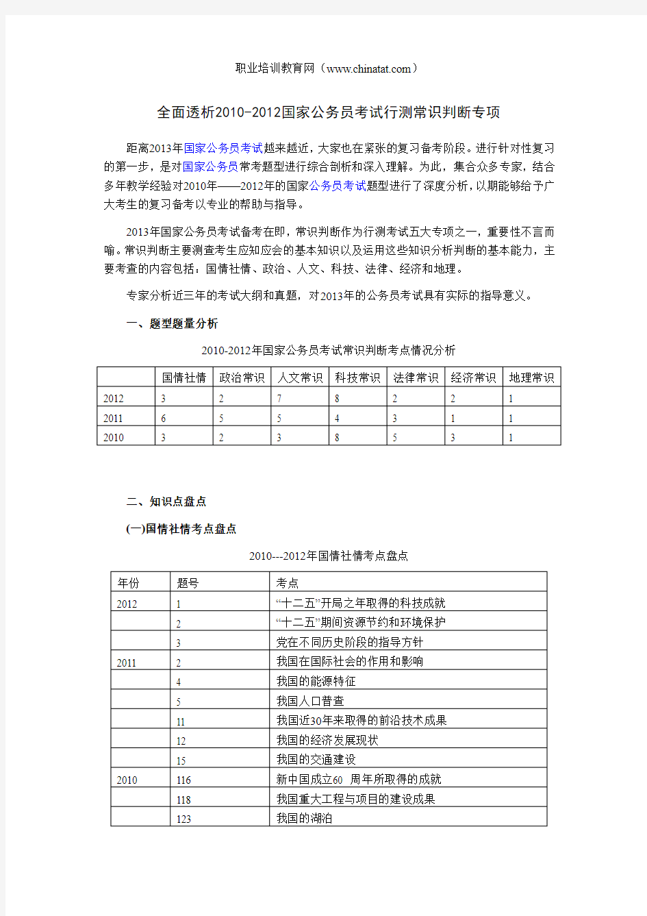 全面透析2010-2012国家公务员考试行测常识判断专项