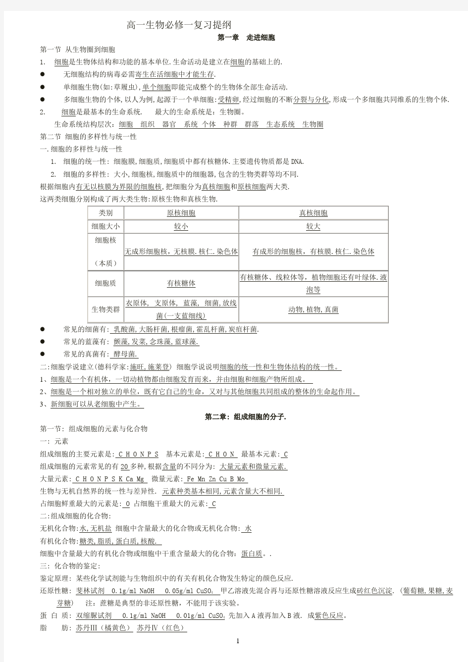 高一生物必修一知识点总结(全)