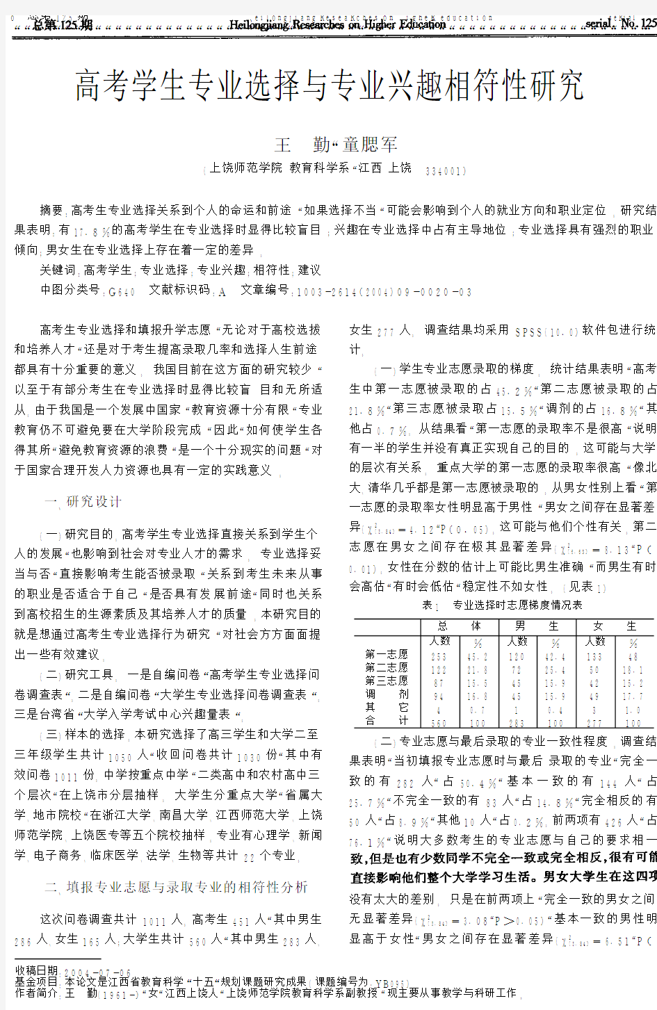 高考学生专业选择与专业兴趣相符性研究