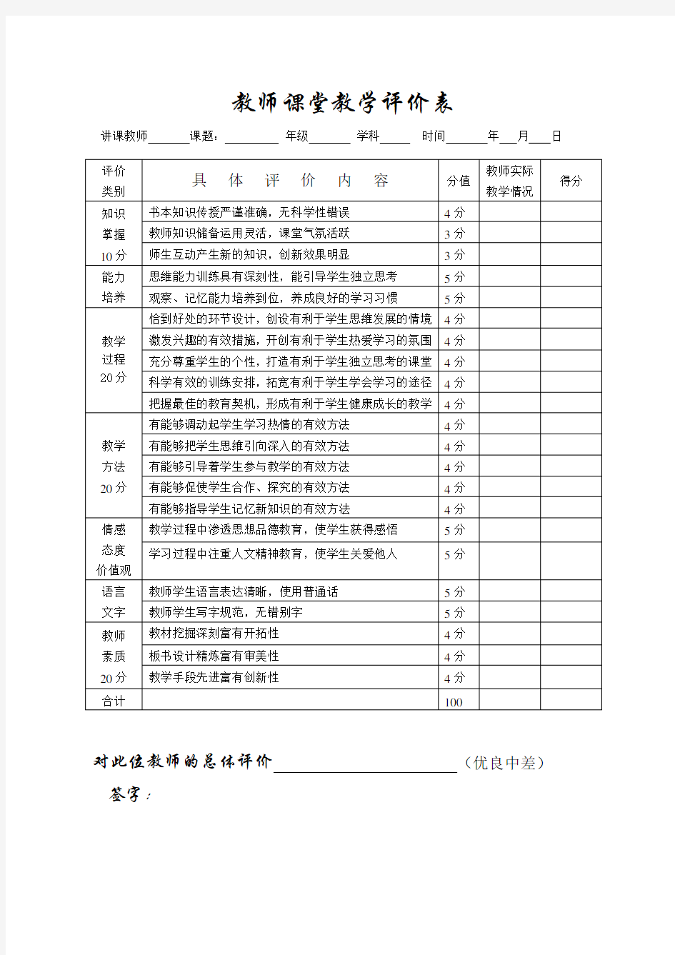 教师课堂教学评价表