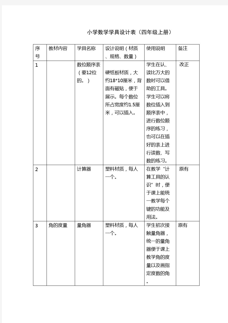 4年级数学学具设计表