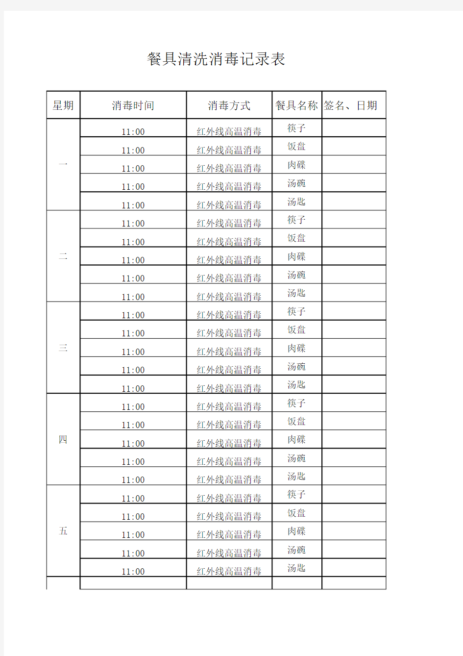 餐具清洗消毒记录表