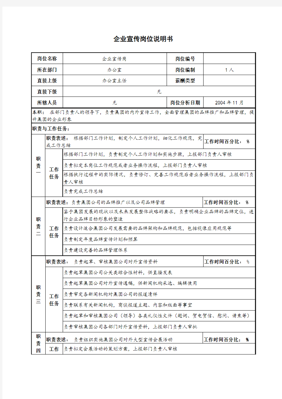 企业宣传岗位说明书