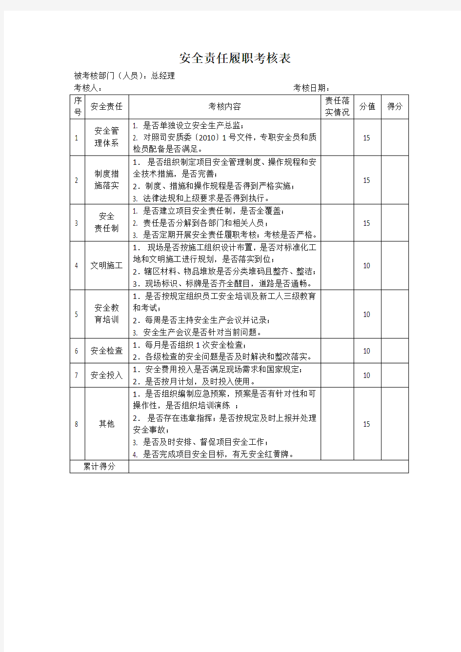 安全履职考核表