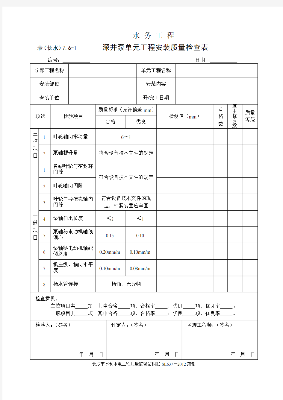 表(长水)7.6-1 深井泵单元工程安装质量检查表