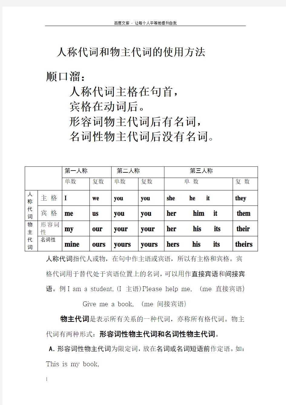 英语人称代词和物主代词练习题