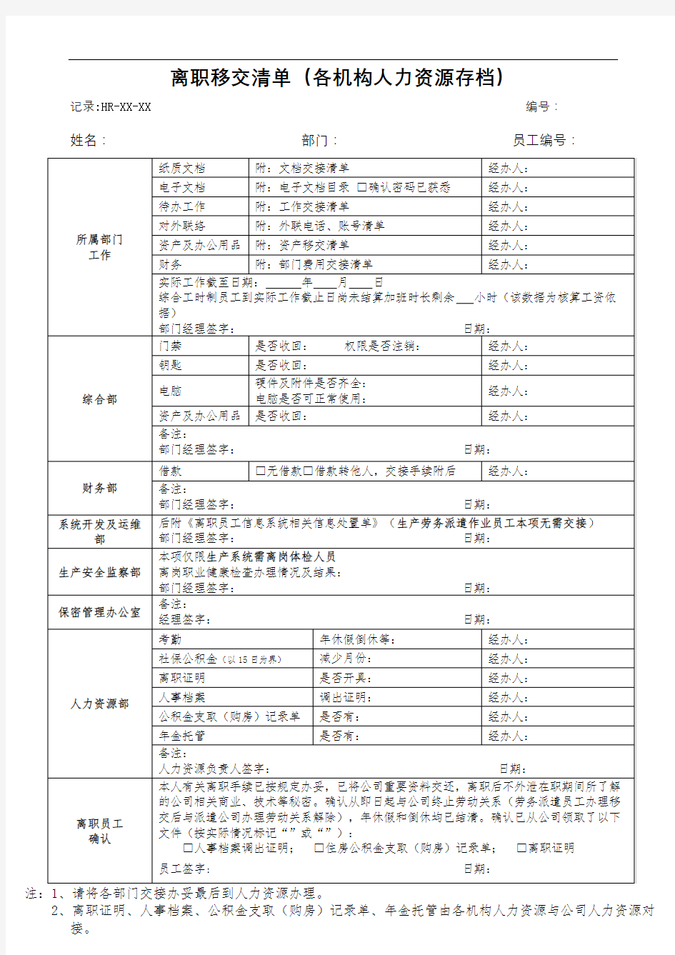 员工离职移交清单