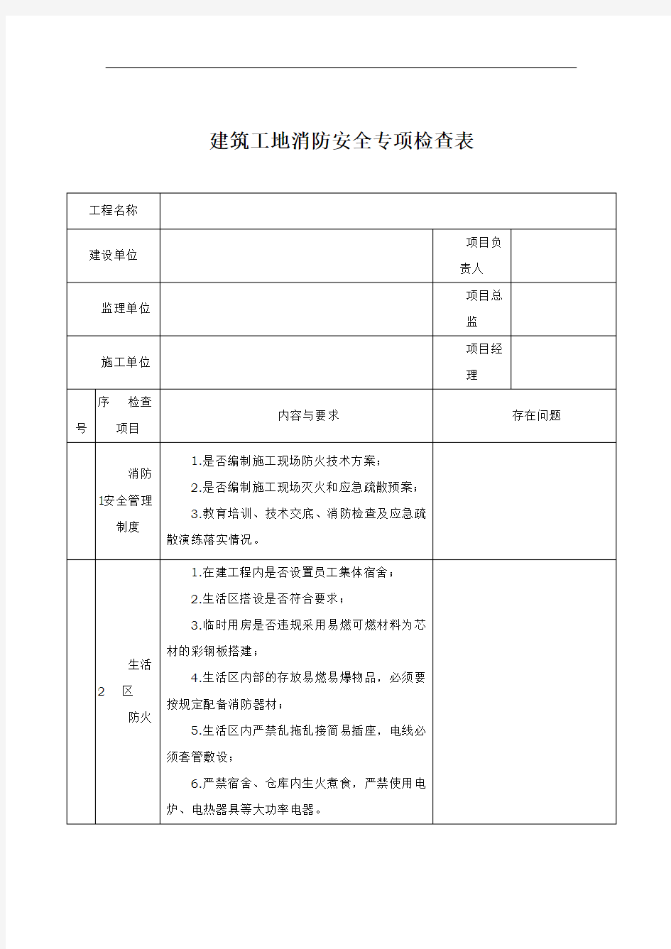 建筑工地消防安全专项检查表