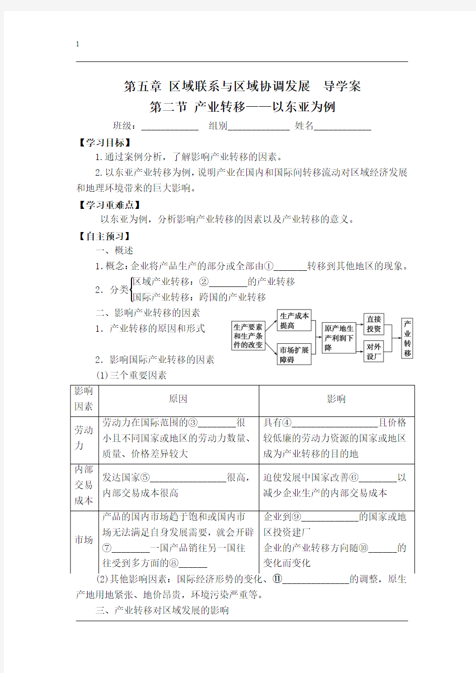 【基础】高二地理《第二节 产业转移——以东亚为例 》导学案(无答案)