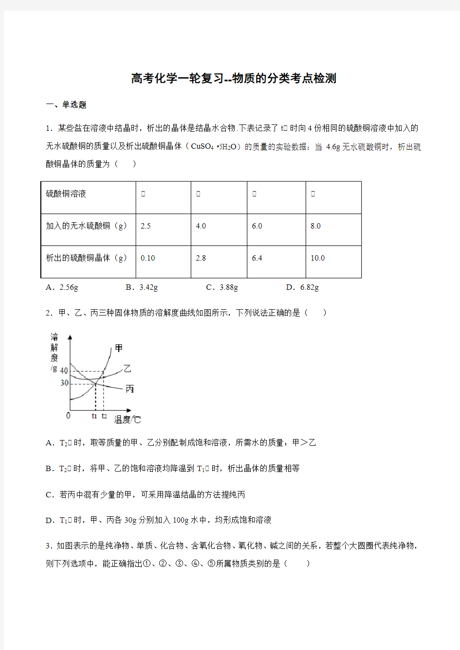 高考化学一轮复习--物质的分类考点检测