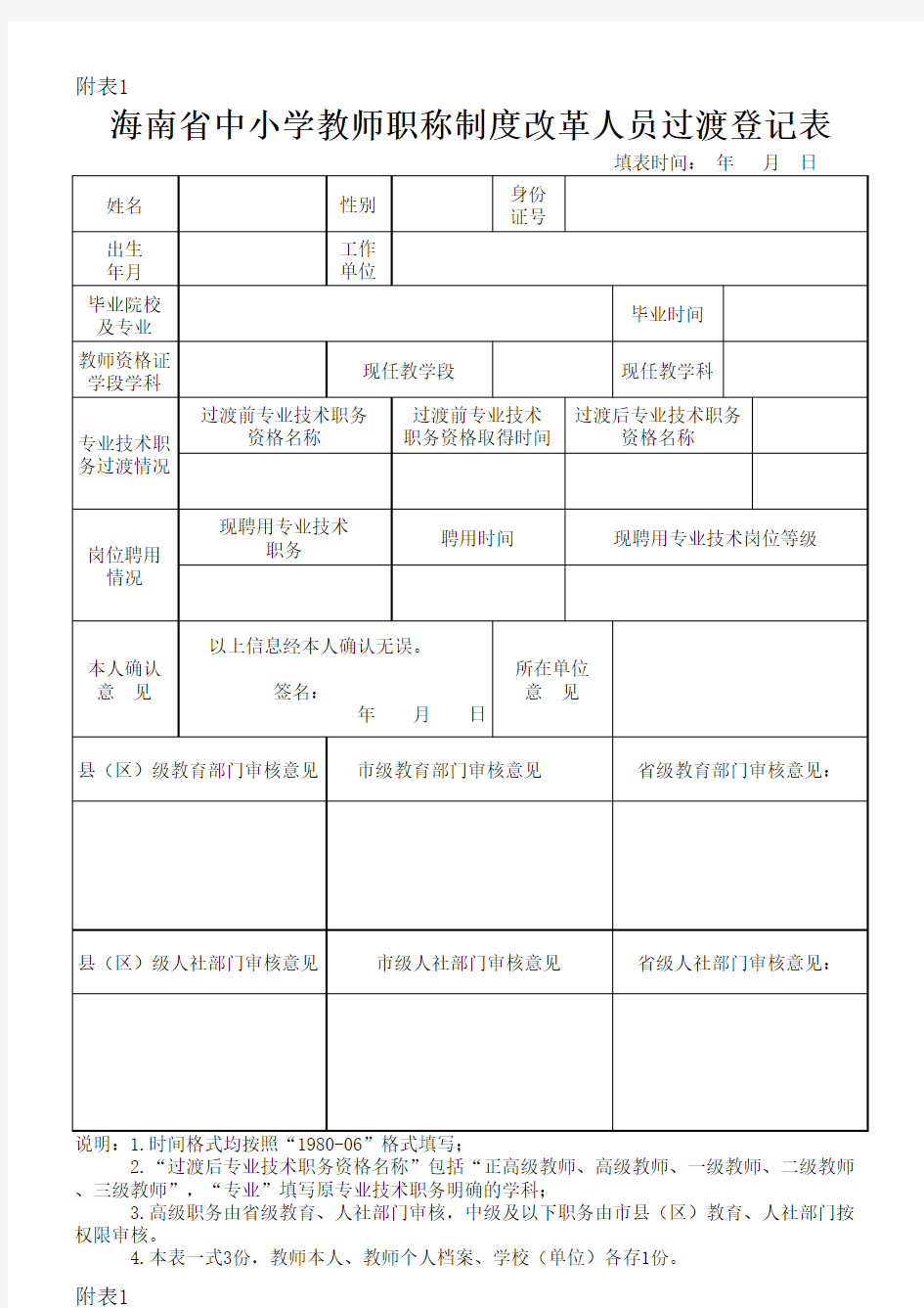 海南省中小学教师职称制度改革人员过渡登记表