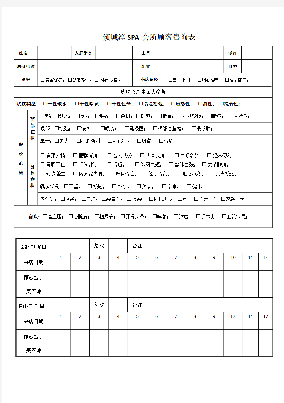 美容院顾客咨询档案表