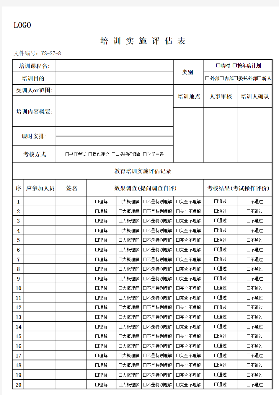 培训效果评估表