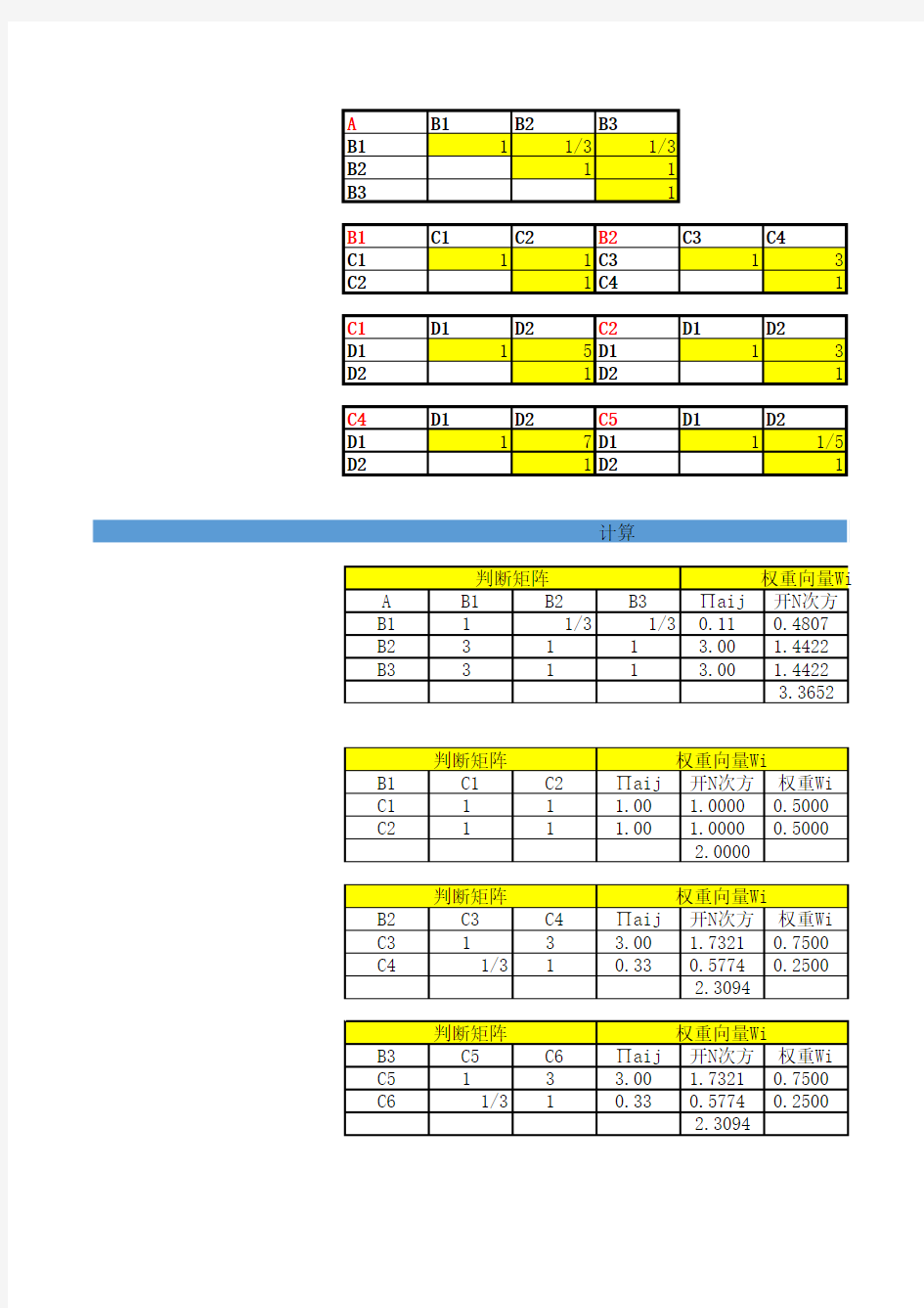 用电子表格(Excel)实现层次分析法(AHP)的简捷计算