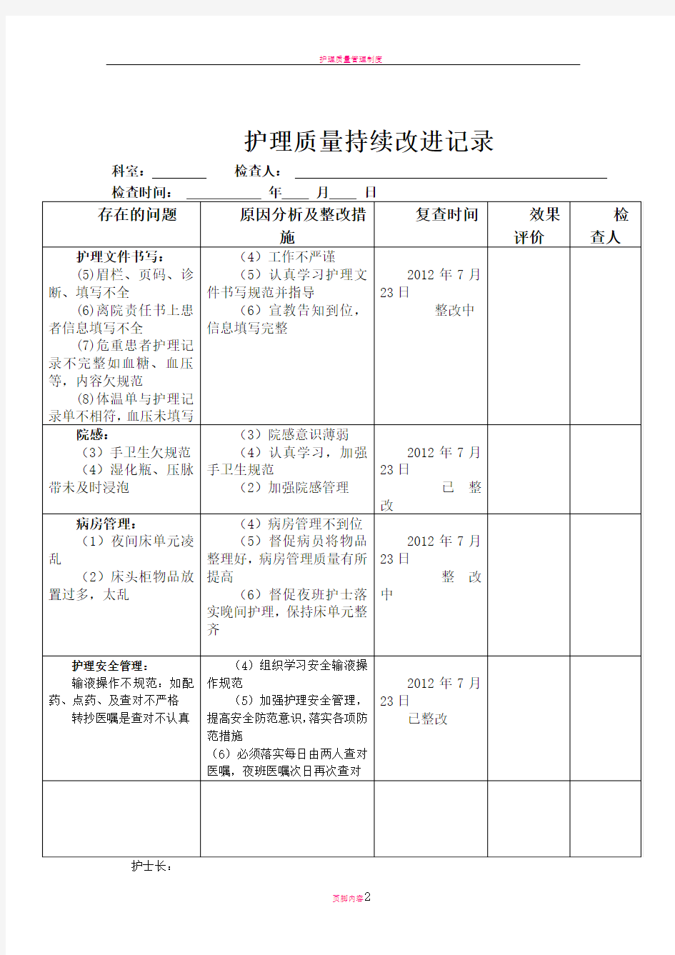 护理质控检查及整改措施