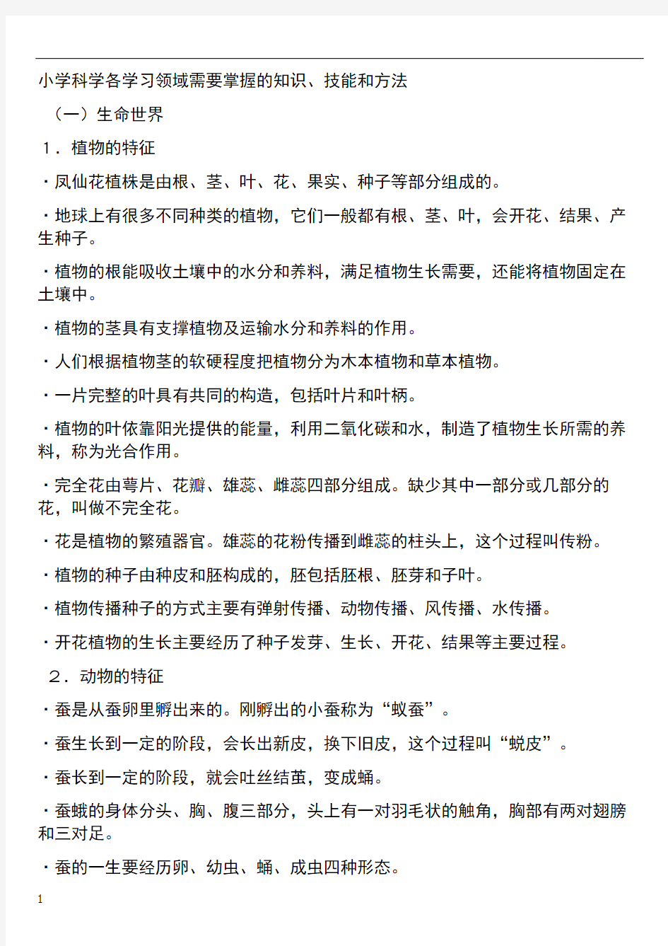 小学科学各学习领域需要掌握的知识、技能和方法