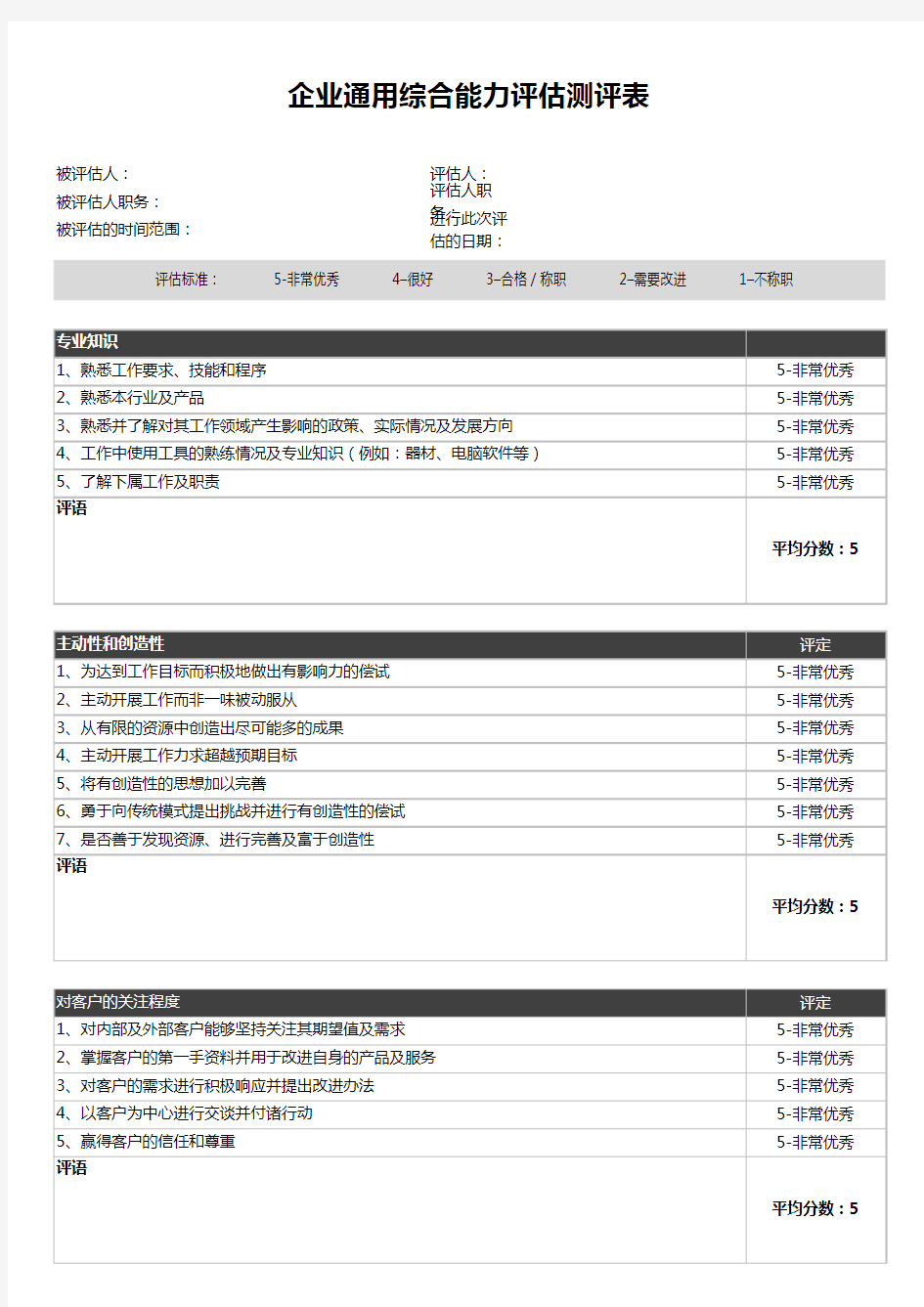 企业通用综合能力评估表