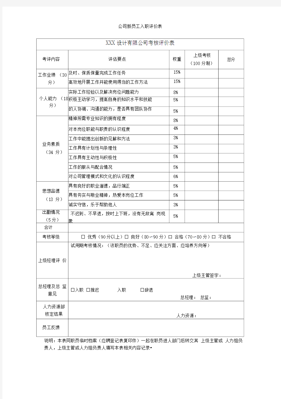 公司新员工入职评价表