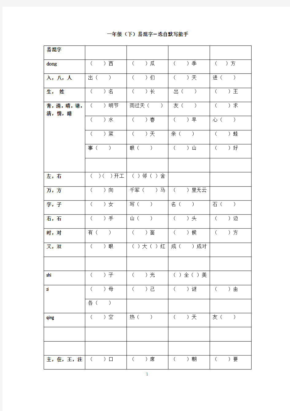 一年级(下)语文易混字(默写能手)