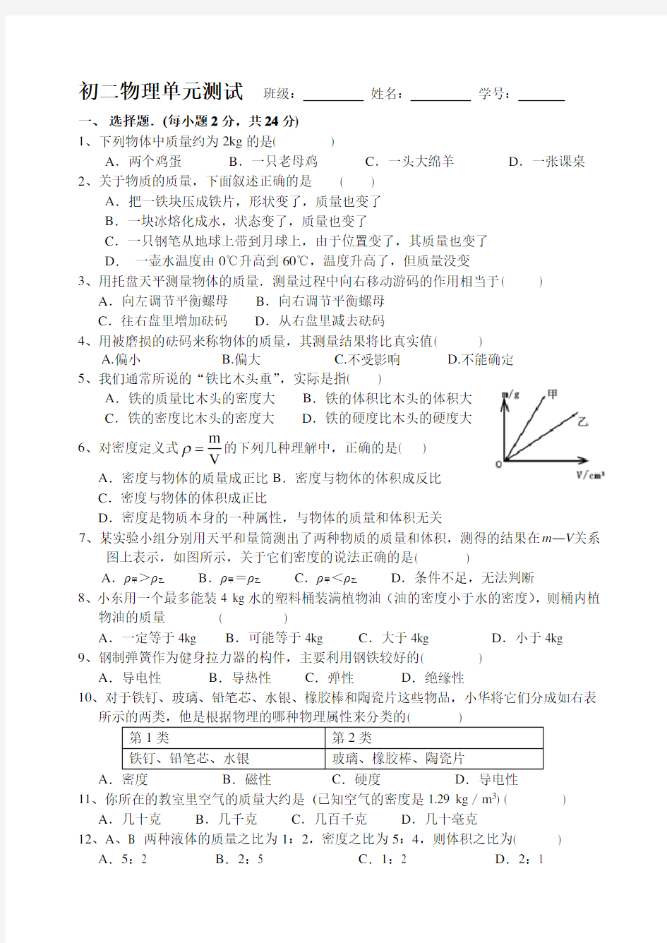 初二物理下学期第一次月考试卷(含答案)