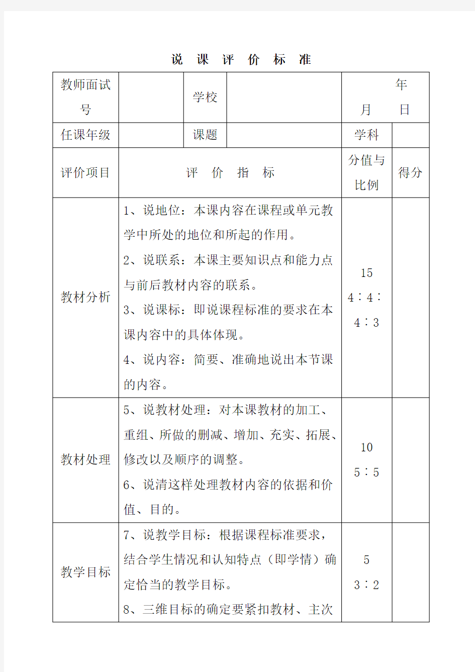 优质课说课评价标准