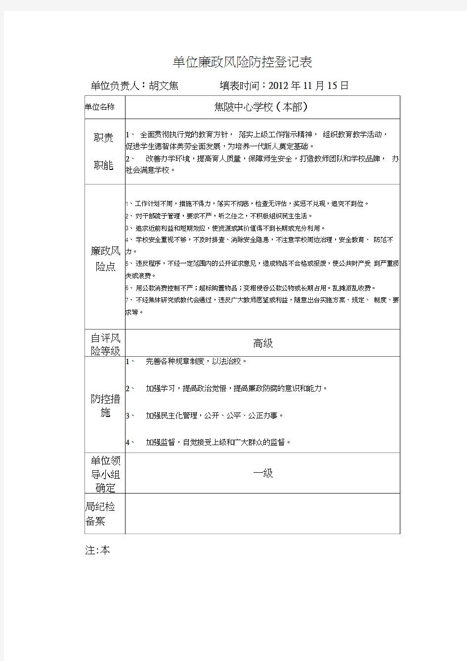 单位岗位廉政风险防控登记表表四