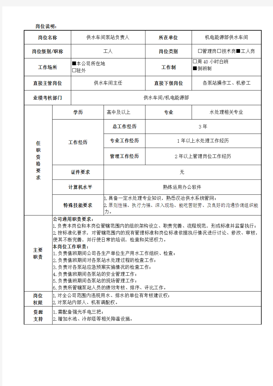 供水车间泵站负责人岗位工作标准(已经通过请参考)