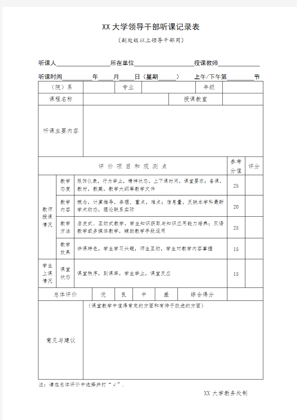 XX大学领导干部听课记录表