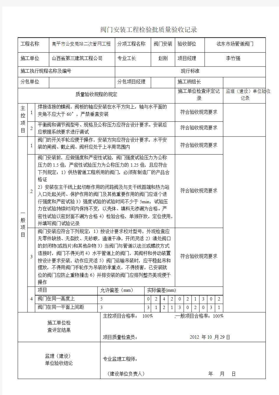 阀门安装工程检验批质量验收记录