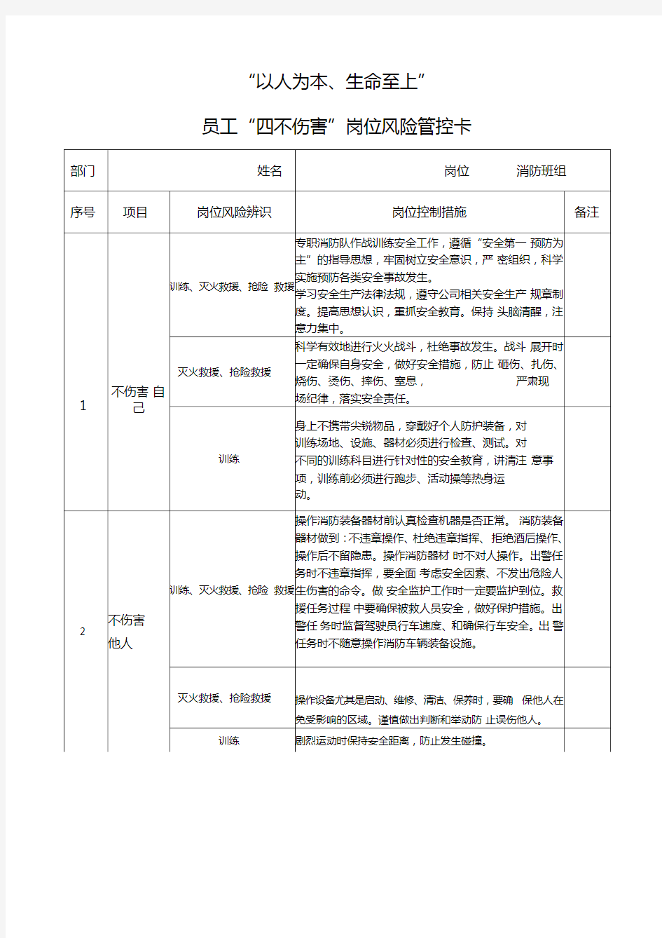 消防班组“四不伤害”安全风险管控卡