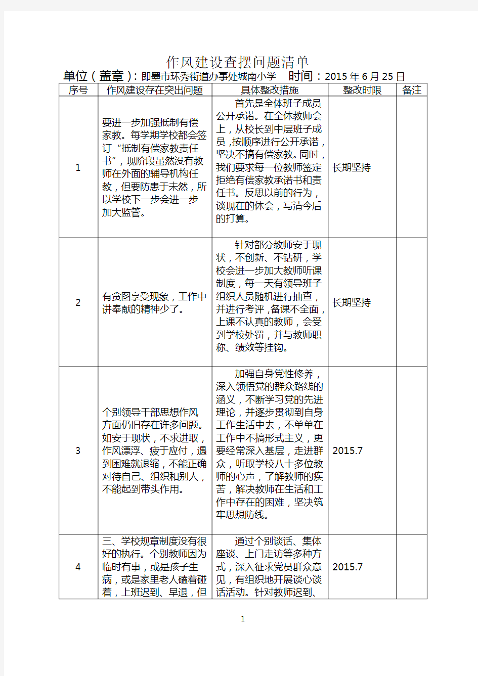 城南小学--作风督查清单