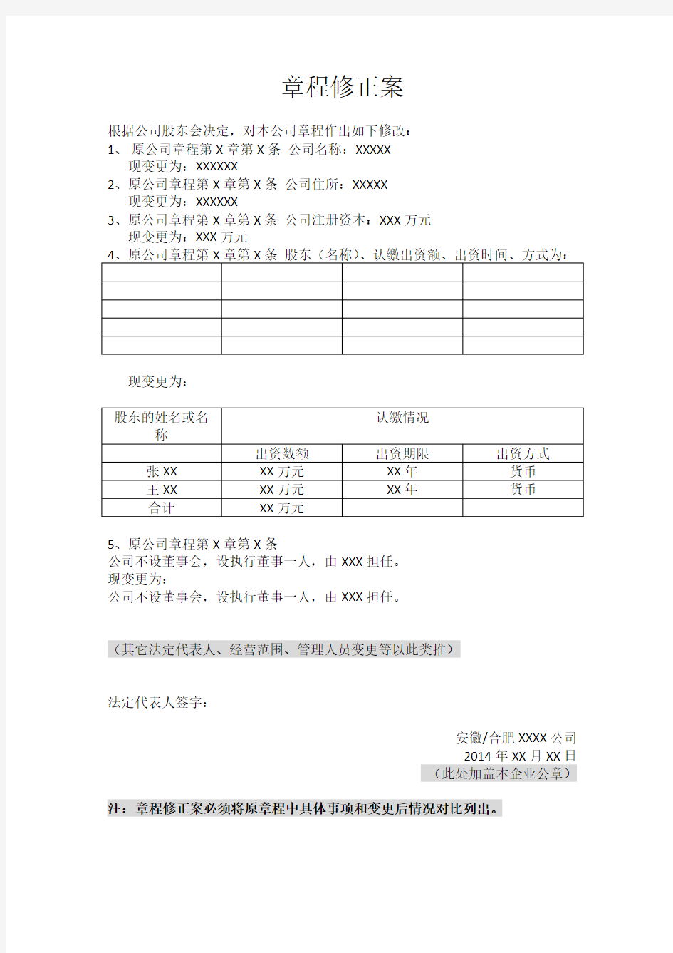 章程修正案模板