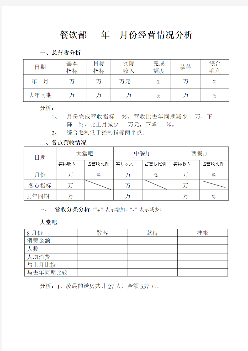 餐饮部餐厅经营情况分析