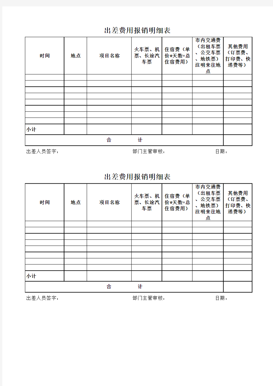 出差报销明细表