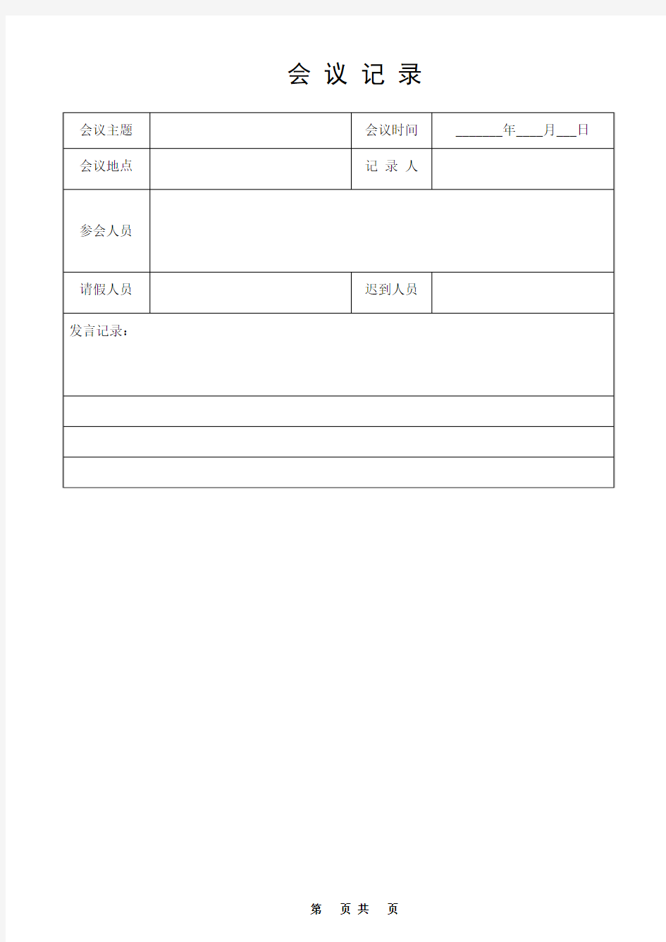 会议记录表格式(空白表格)