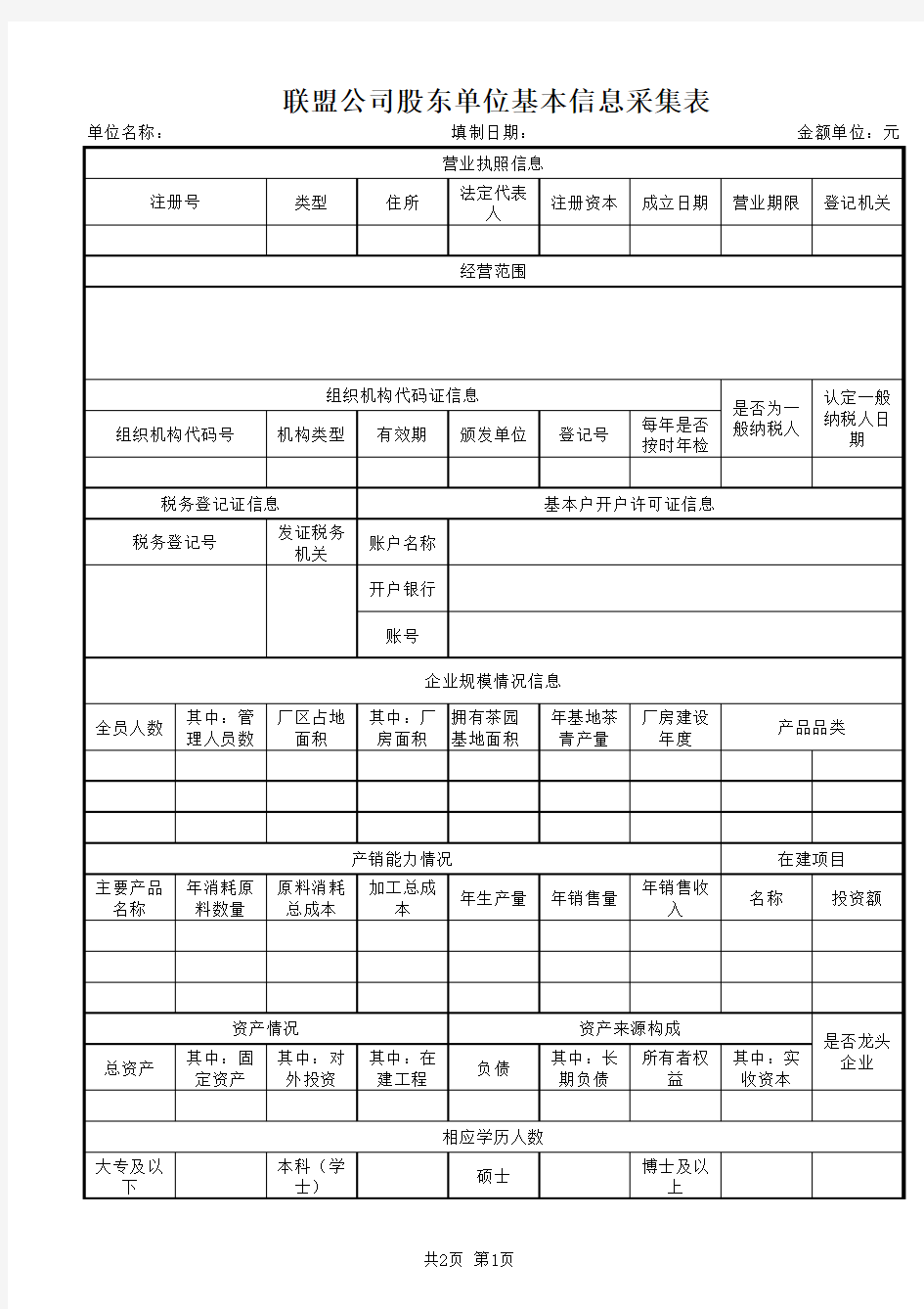 股东单位基本信息采集表