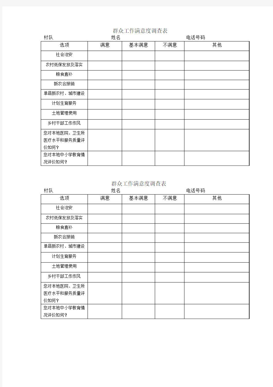 群众工作满意度调查表