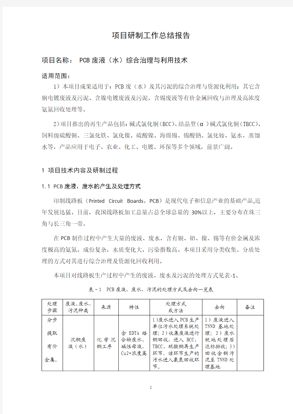 科技创新奖申报材料(TMMD公司)-项目研制工作总结报告—《PCB废液废水综合治理技术》