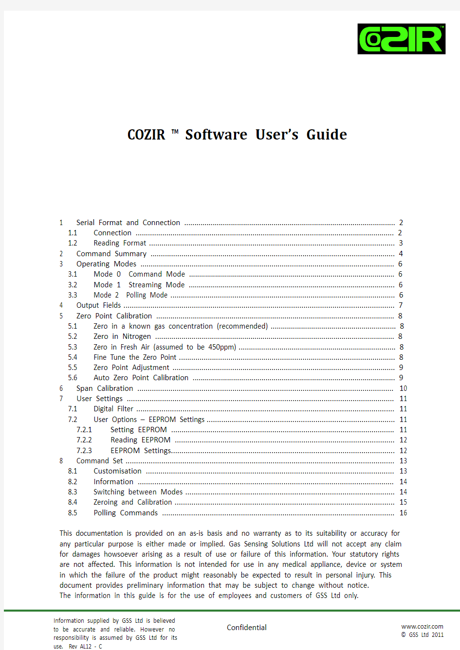 二氧化碳传感器 COZIR  详细参数 资料