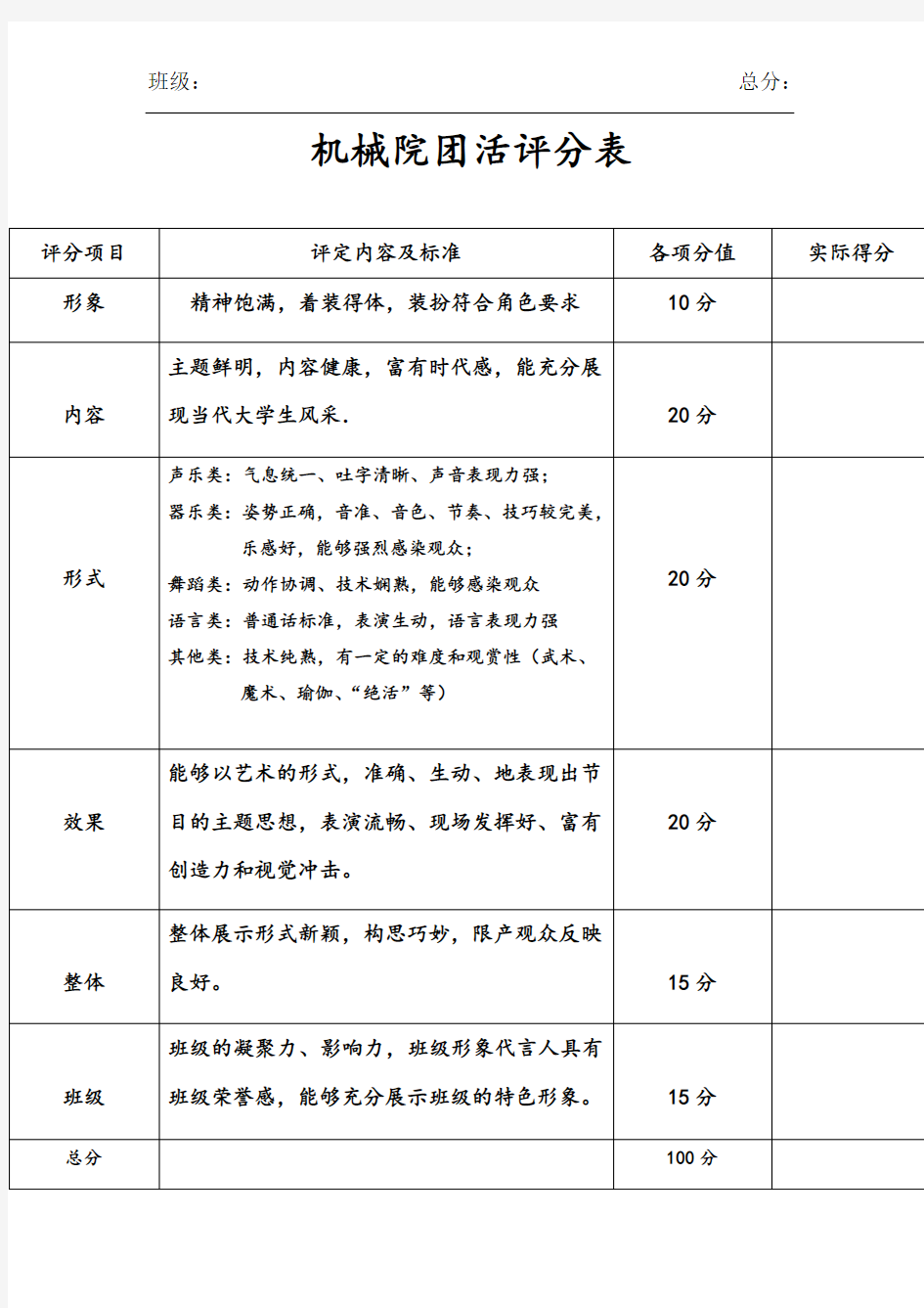 才艺表演评分表