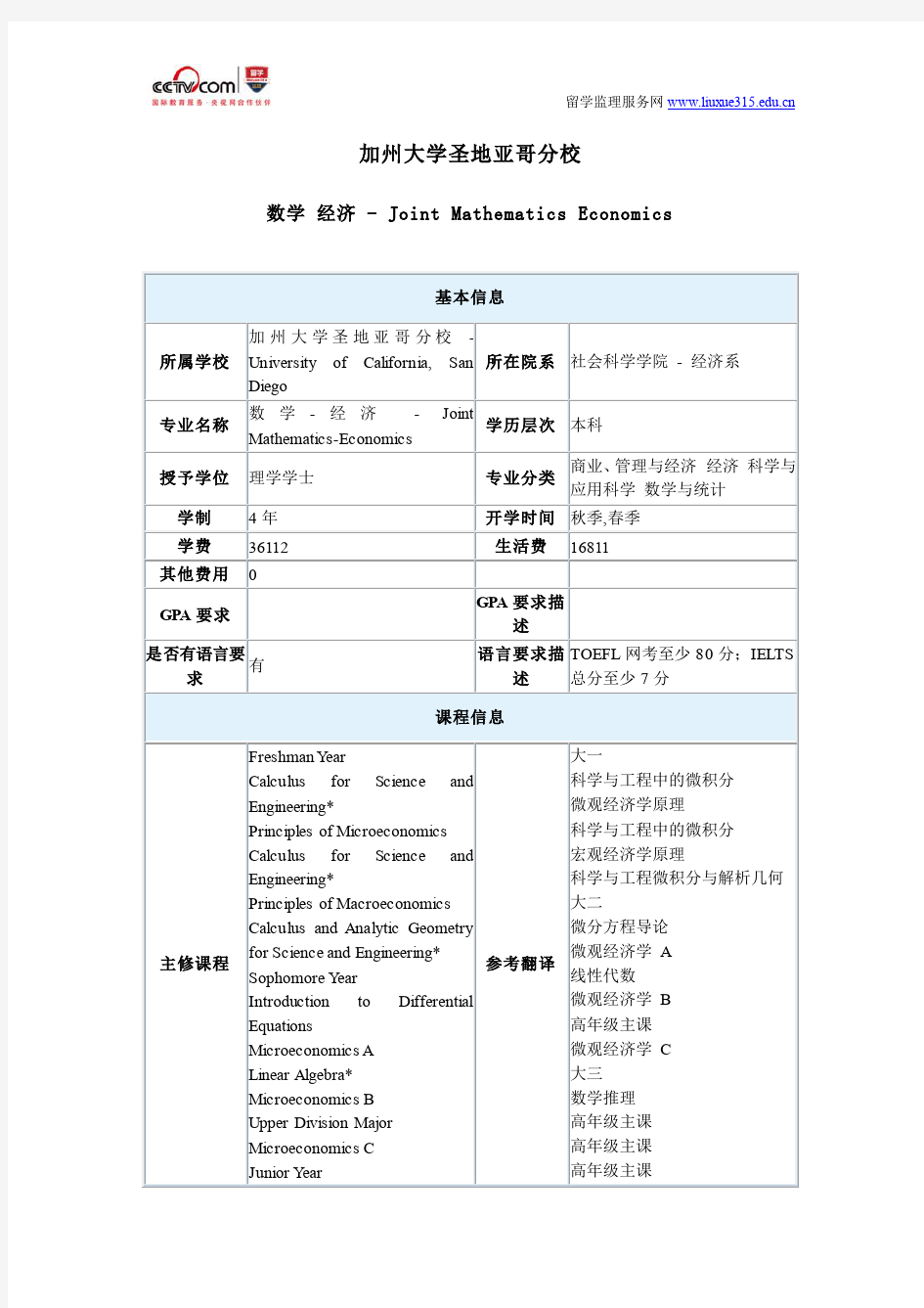 美国加州大学圣地亚哥分校数学与经济专业本科