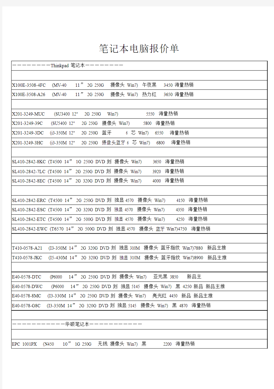 笔记本电脑报价单