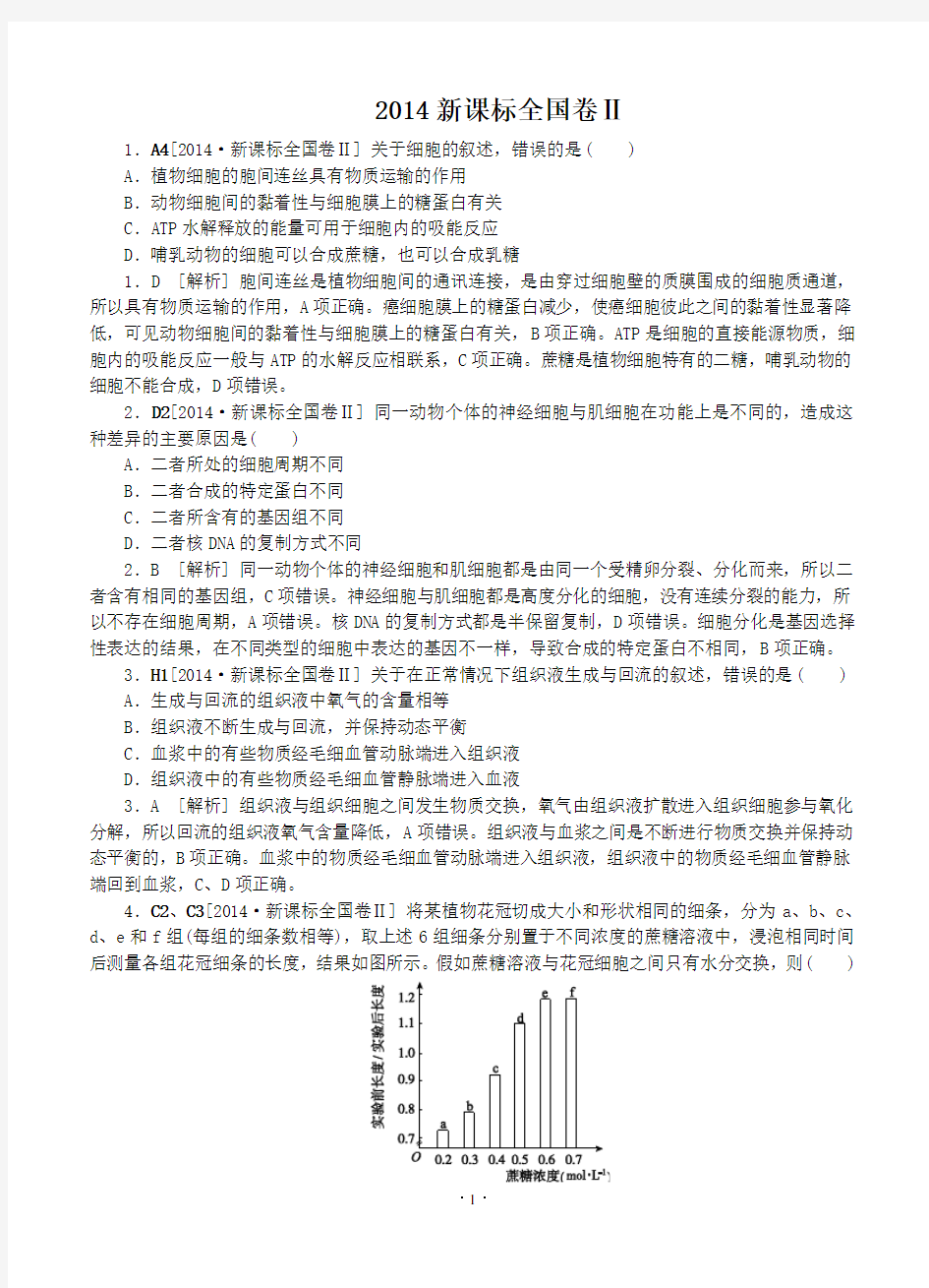 2014年高考生物全国卷2新课标配答案解析