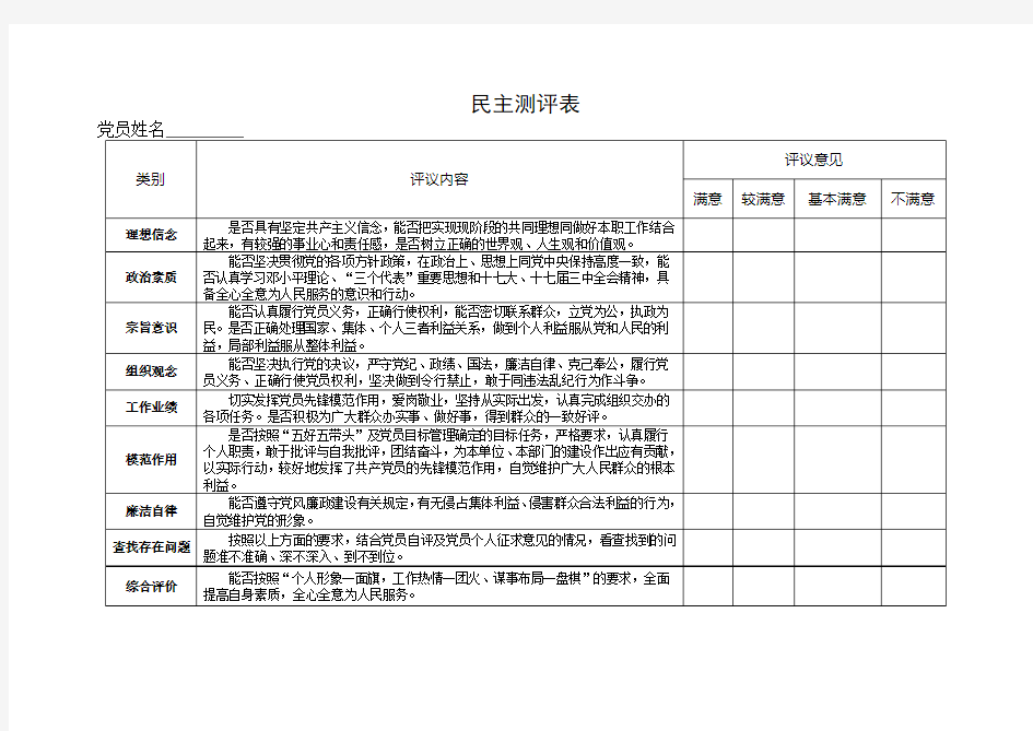 民主测评表  民主评议党员互评表