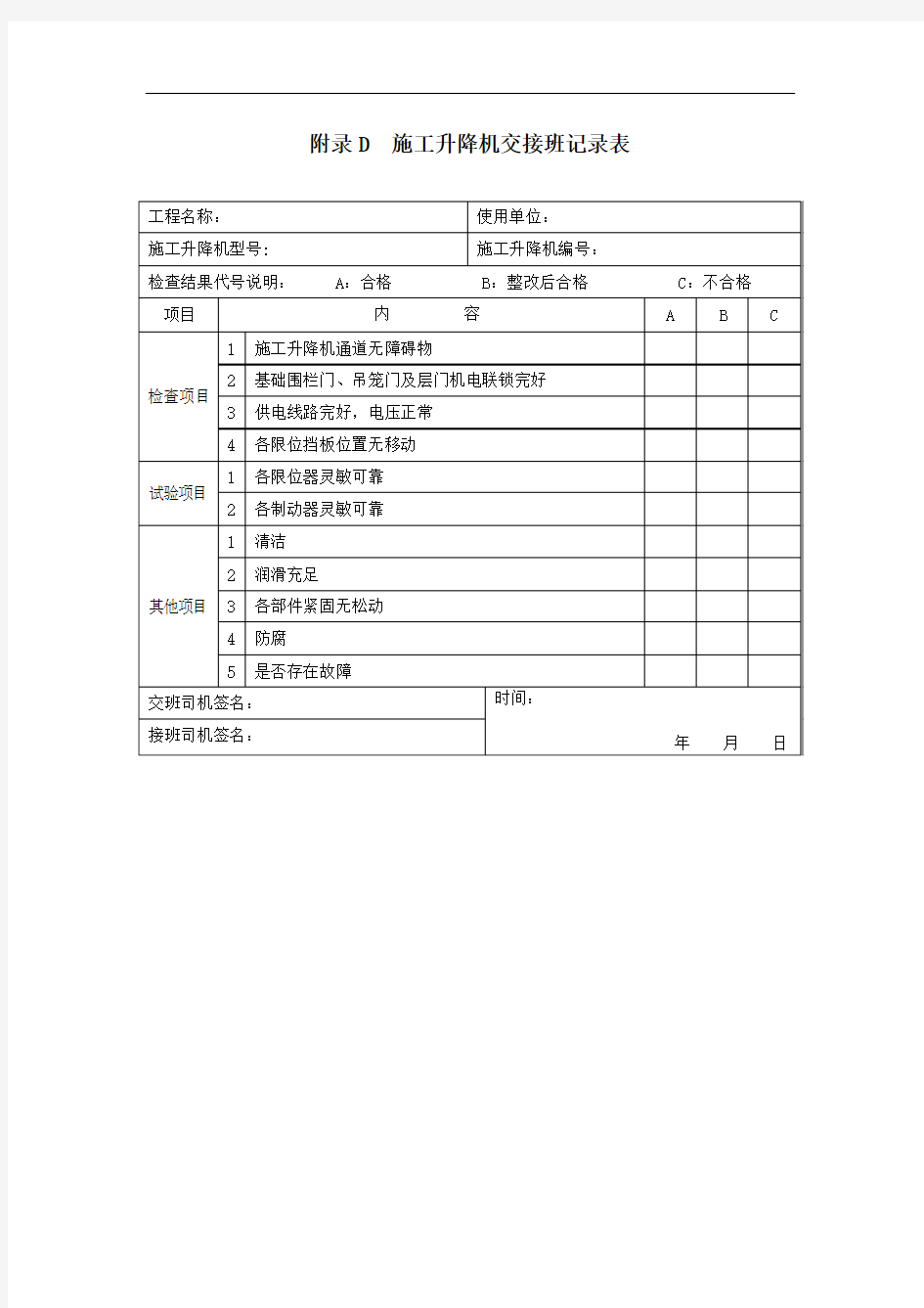 附录D  施工升降机交接班记录表