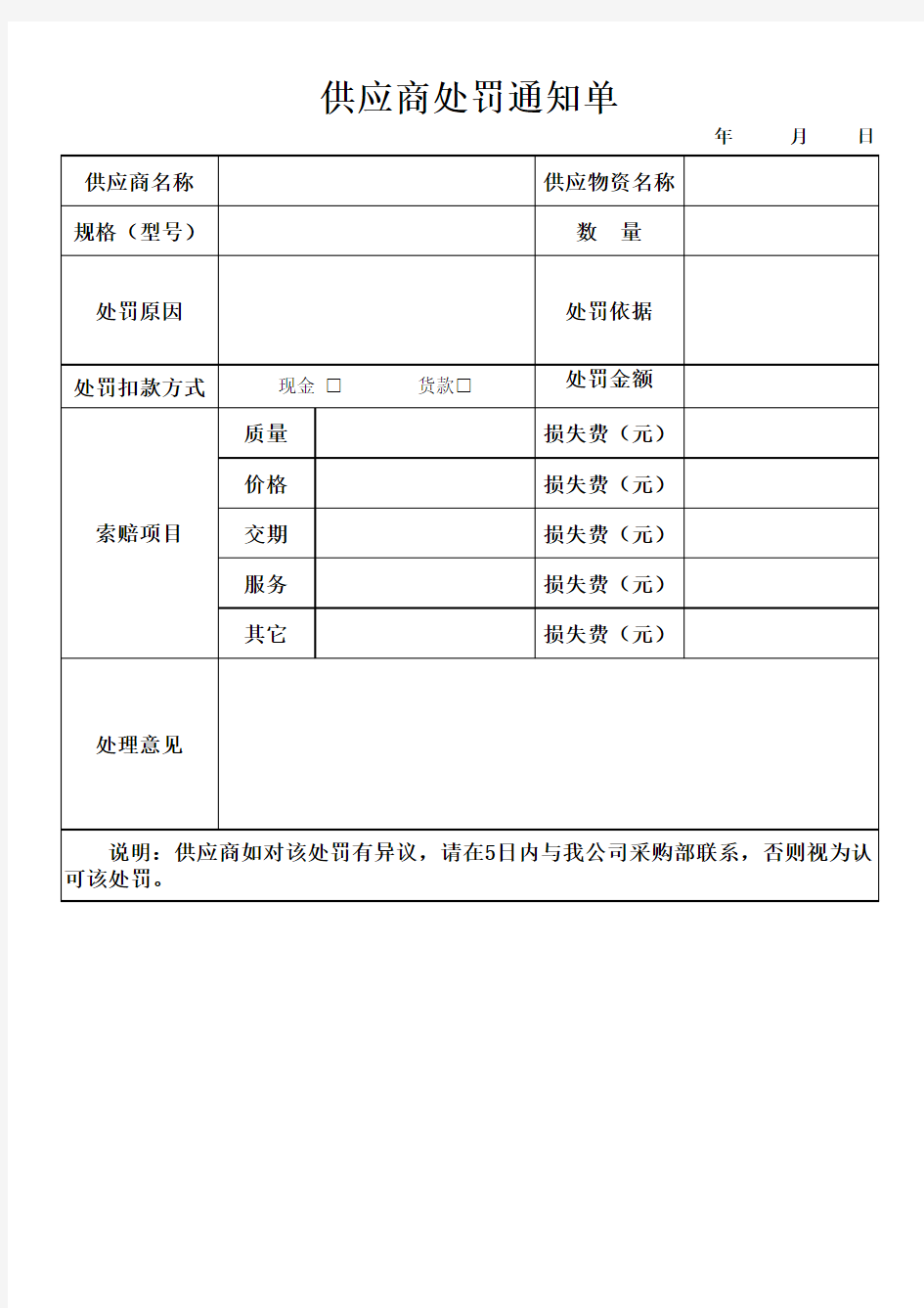 供应商处罚通知单